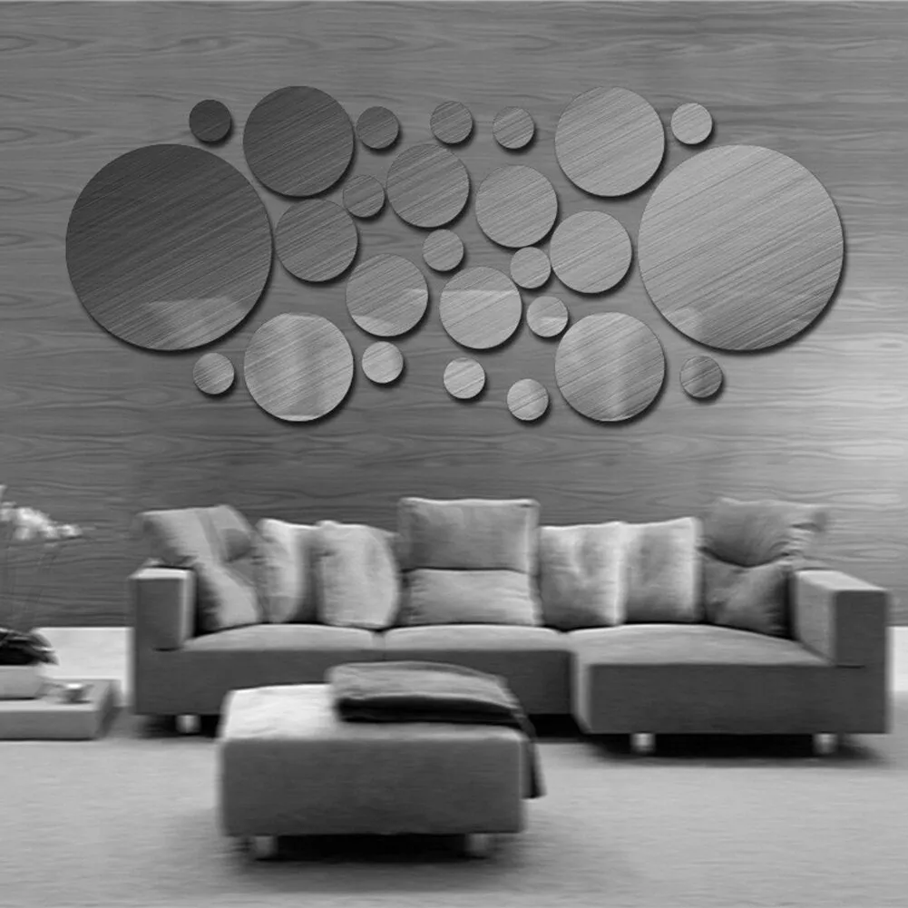 26pcs Decorative Mirrors Wall Stickers Silver Round Bedroom Creative Modern Wall Stickers Home Room Bathroom Decoration