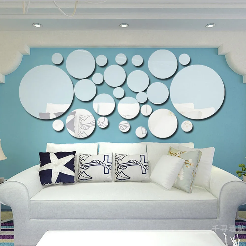 26pcs Decorative Mirrors Wall Stickers Silver Round Bedroom Creative Modern Wall Stickers Home Room Bathroom Decoration