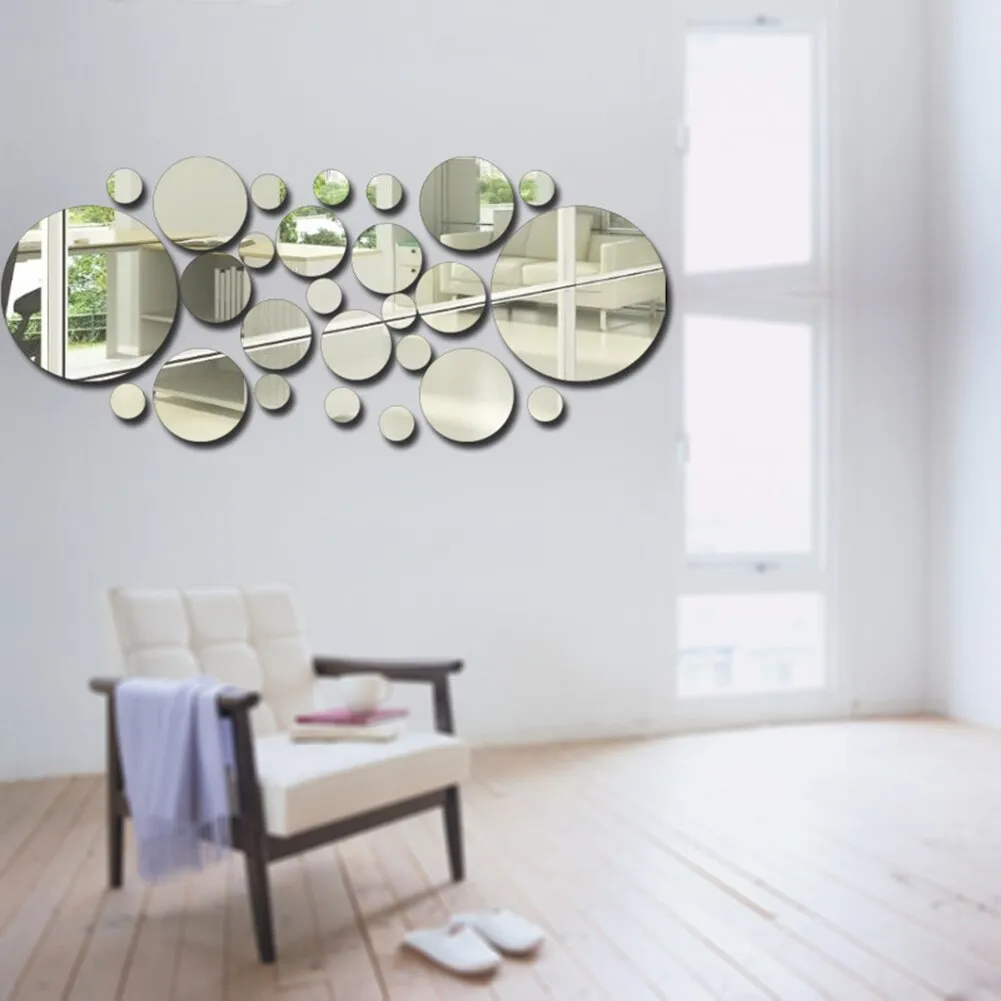 26pcs Decorative Mirrors Wall Stickers Silver Round Bedroom Creative Modern Wall Stickers Home Room Bathroom Decoration