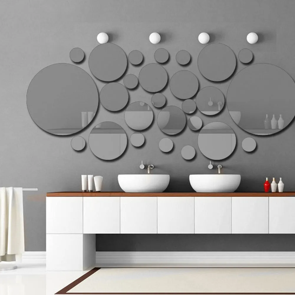 26pcs Decorative Mirrors Wall Stickers Silver Round Bedroom Creative Modern Wall Stickers Home Room Bathroom Decoration