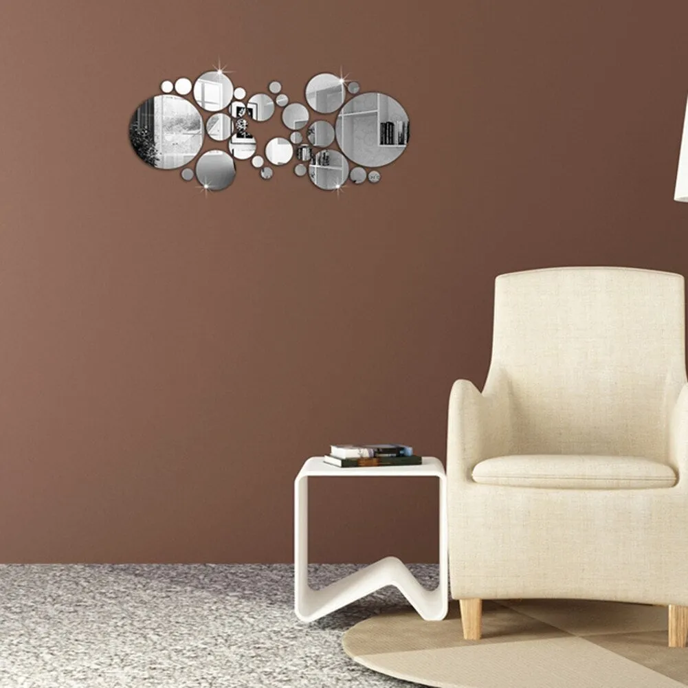 26pcs Decorative Mirrors Wall Stickers Silver Round Bedroom Creative Modern Wall Stickers Home Room Bathroom Decoration