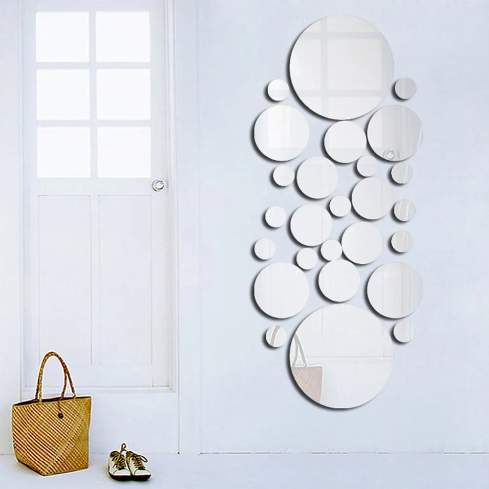 26pcs Decorative Mirrors Wall Stickers Silver Round Bedroom Creative Modern Wall Stickers Home Room Bathroom Decoration