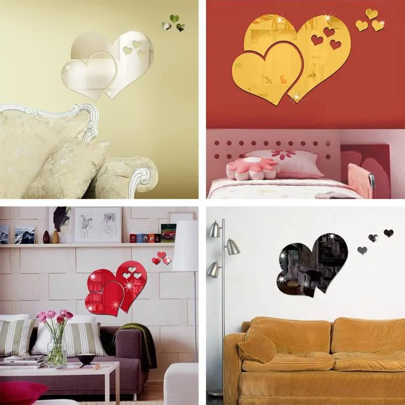3D Mirror Wall Stickers Love Heart Decal DIY Home Bedroom Art Decor Room Decor Sofa TV Background Home Wall Decor Design Bright