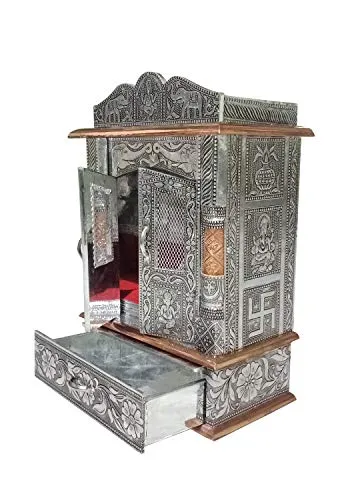Bit-Chu Wood Pooja Mandir, 20" x 6"x 10", Silver