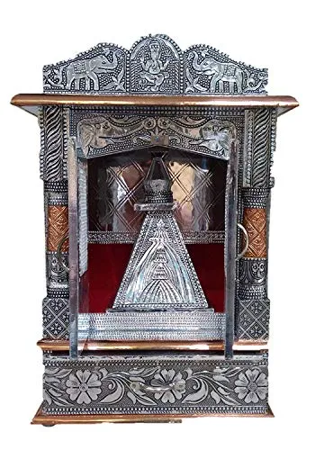 Bit-Chu Wood Pooja Mandir, 20" x 6"x 10", Silver
