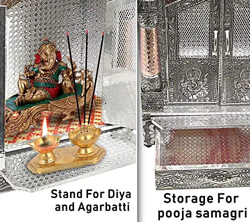 Bit-Chu Wood Pooja Mandir, 20" x 6"x 10", Silver