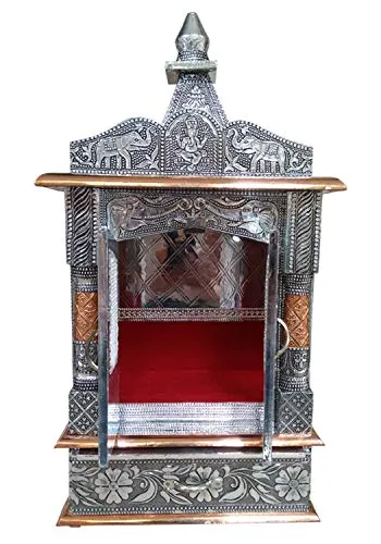 Bit-Chu Wood Pooja Mandir, 20" x 6"x 10", Silver