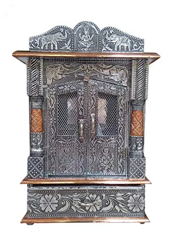 Bit-Chu Wood Pooja Mandir, 20" x 6"x 10", Silver
