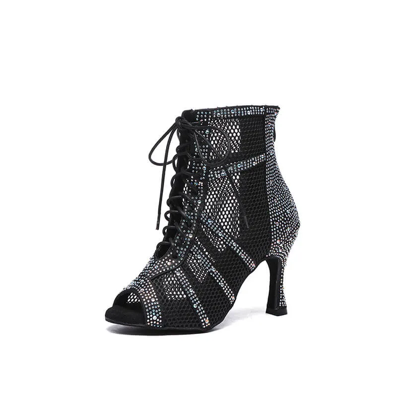 Black Lace Up Crystal High Heels Dance Boots