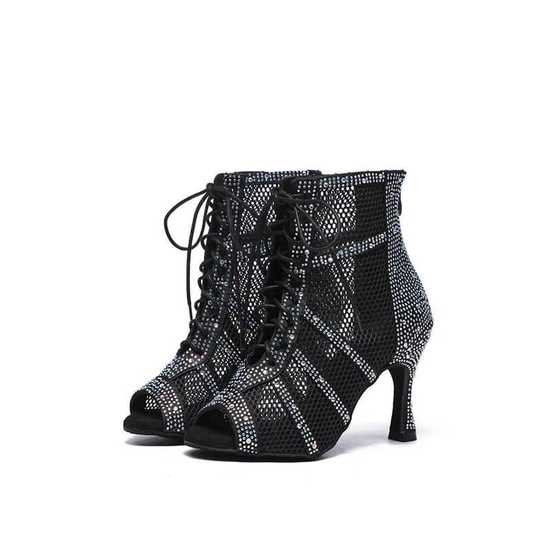 Black Lace Up Crystal High Heels Dance Boots
