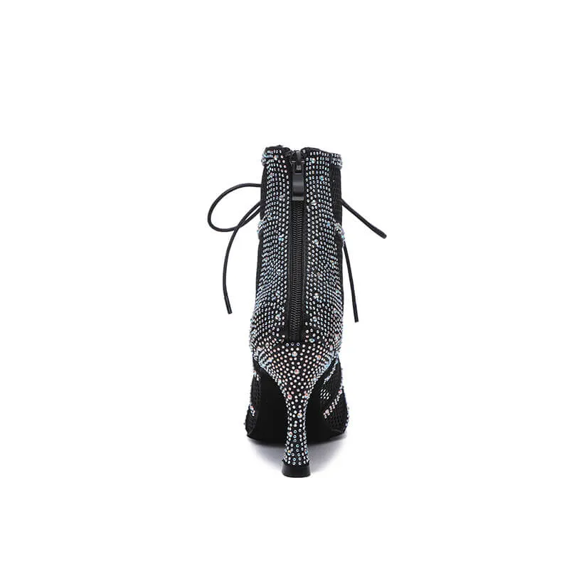 Black Lace Up Crystal High Heels Dance Boots