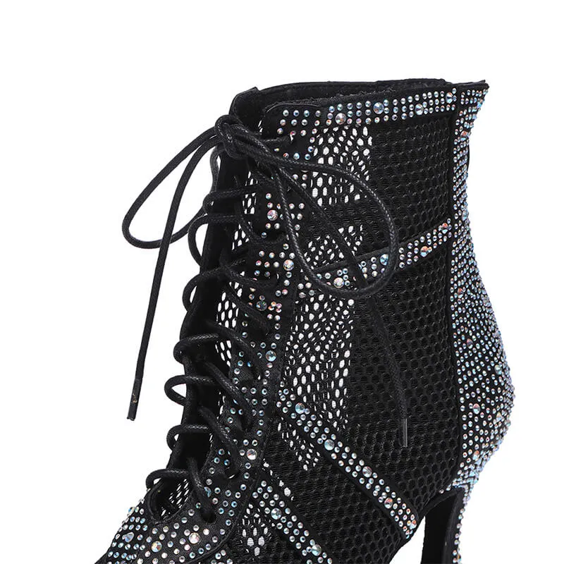 Black Lace Up Crystal High Heels Dance Boots