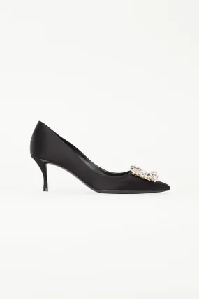 Black Satin Flower Strass Buckle Pump