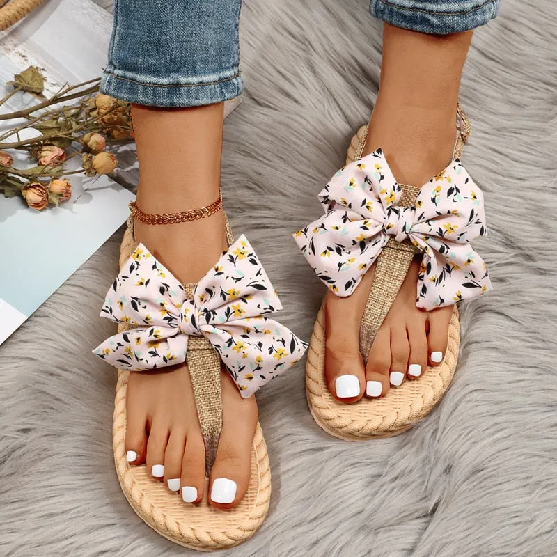 Bow Decor Espadrille Sole Thong Flip Flops Sandals  Fashion Women Slides Flat Heel Outdoor Beach Summer Woman Slippers