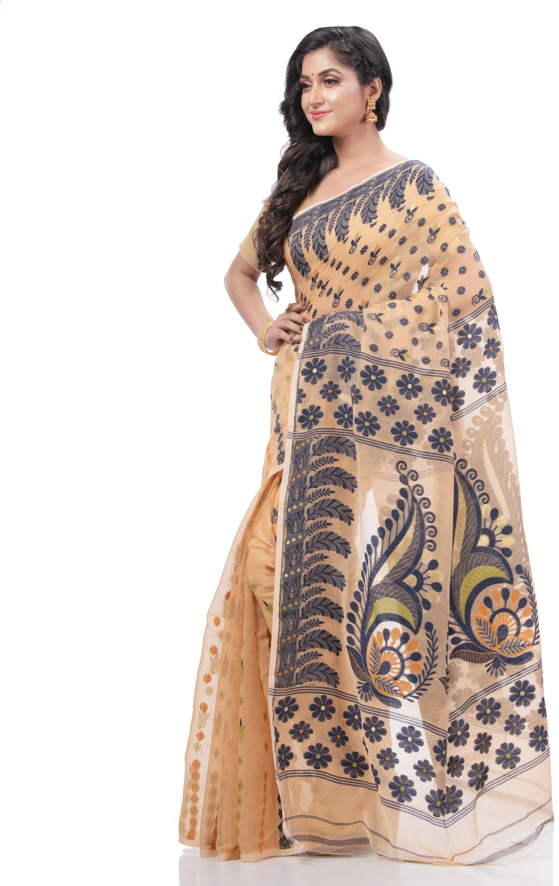 Desh Bidesh Embellished Jamdani Handloom Cotton Blend Saree (Orange)