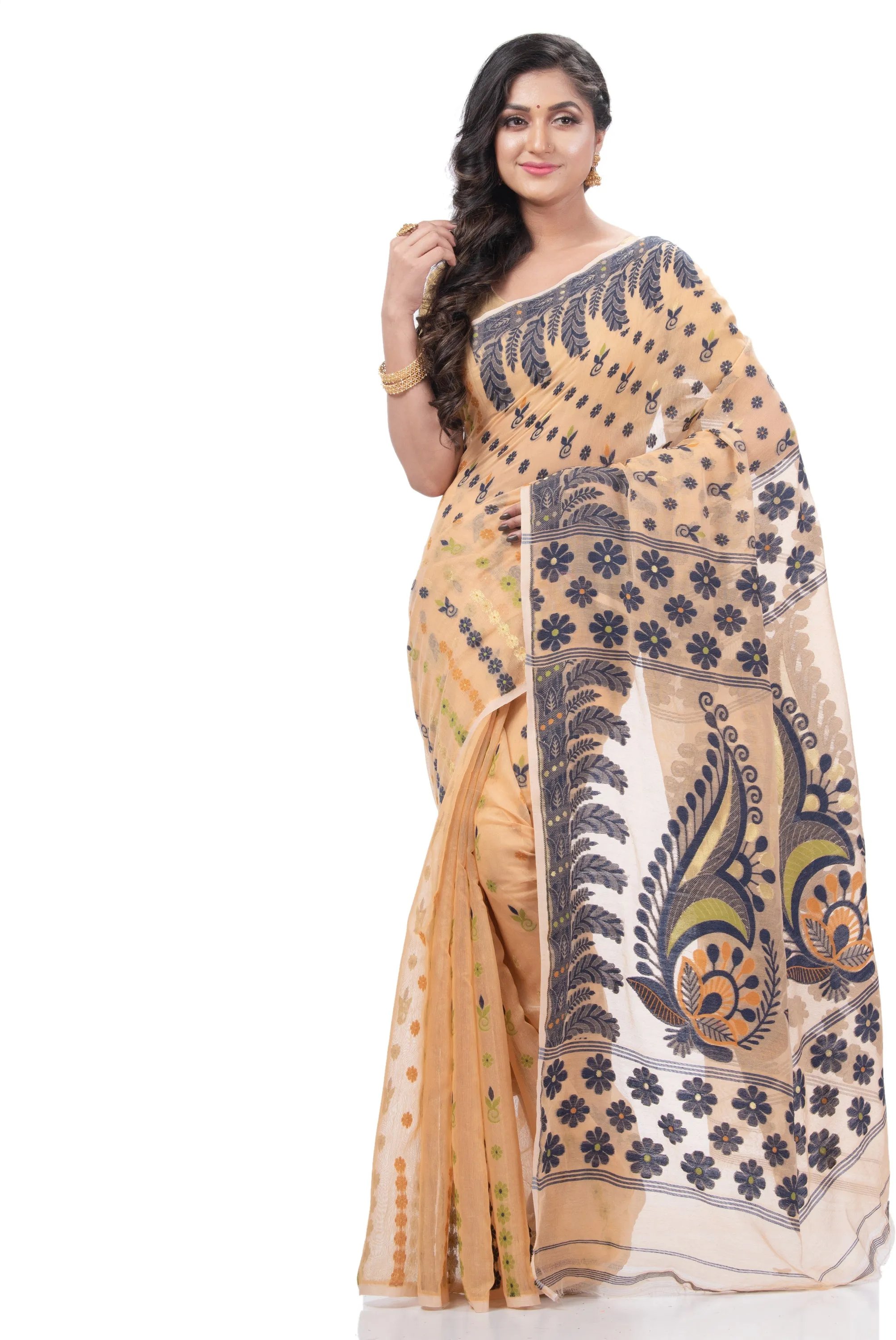 Desh Bidesh Embellished Jamdani Handloom Cotton Blend Saree (Orange)