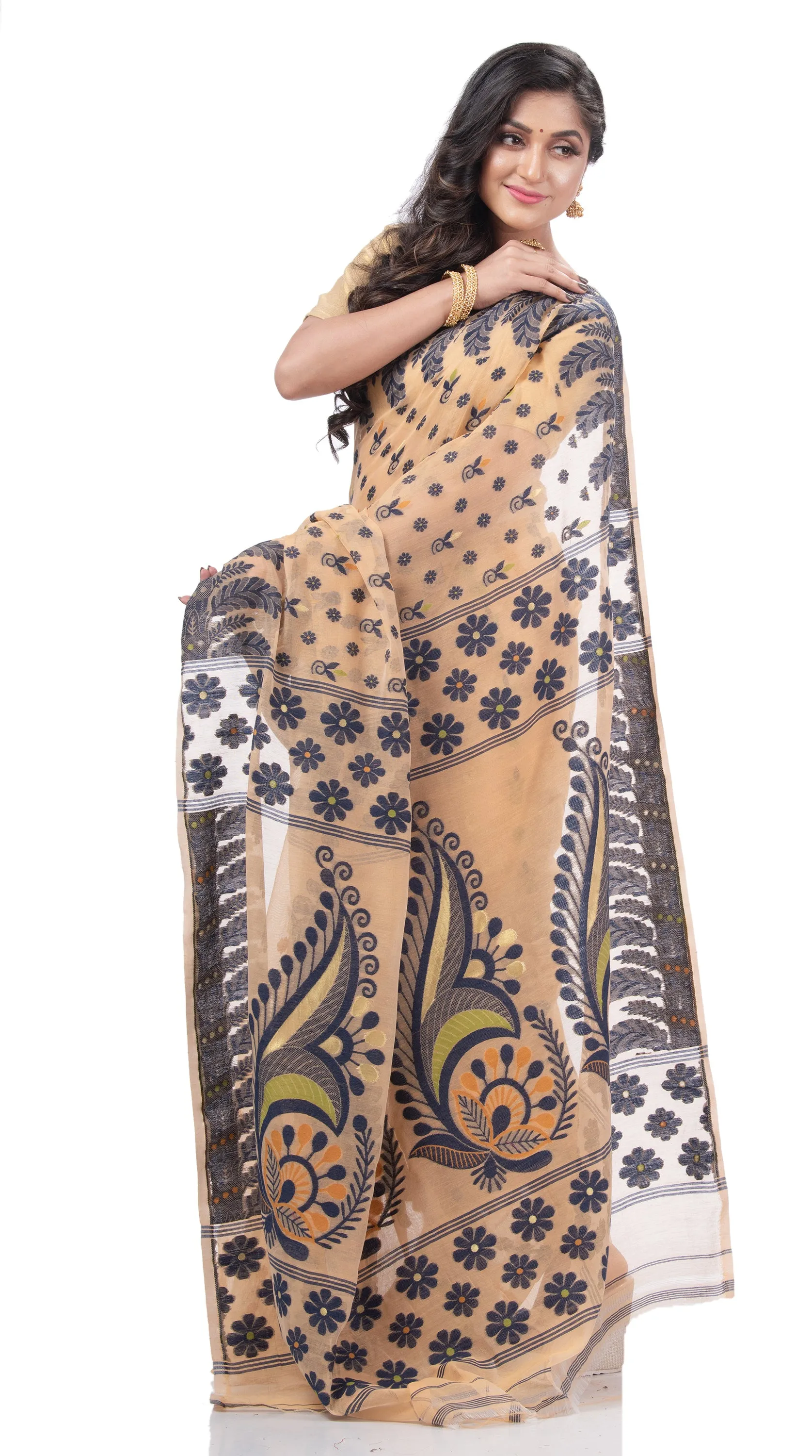 Desh Bidesh Embellished Jamdani Handloom Cotton Blend Saree (Orange)