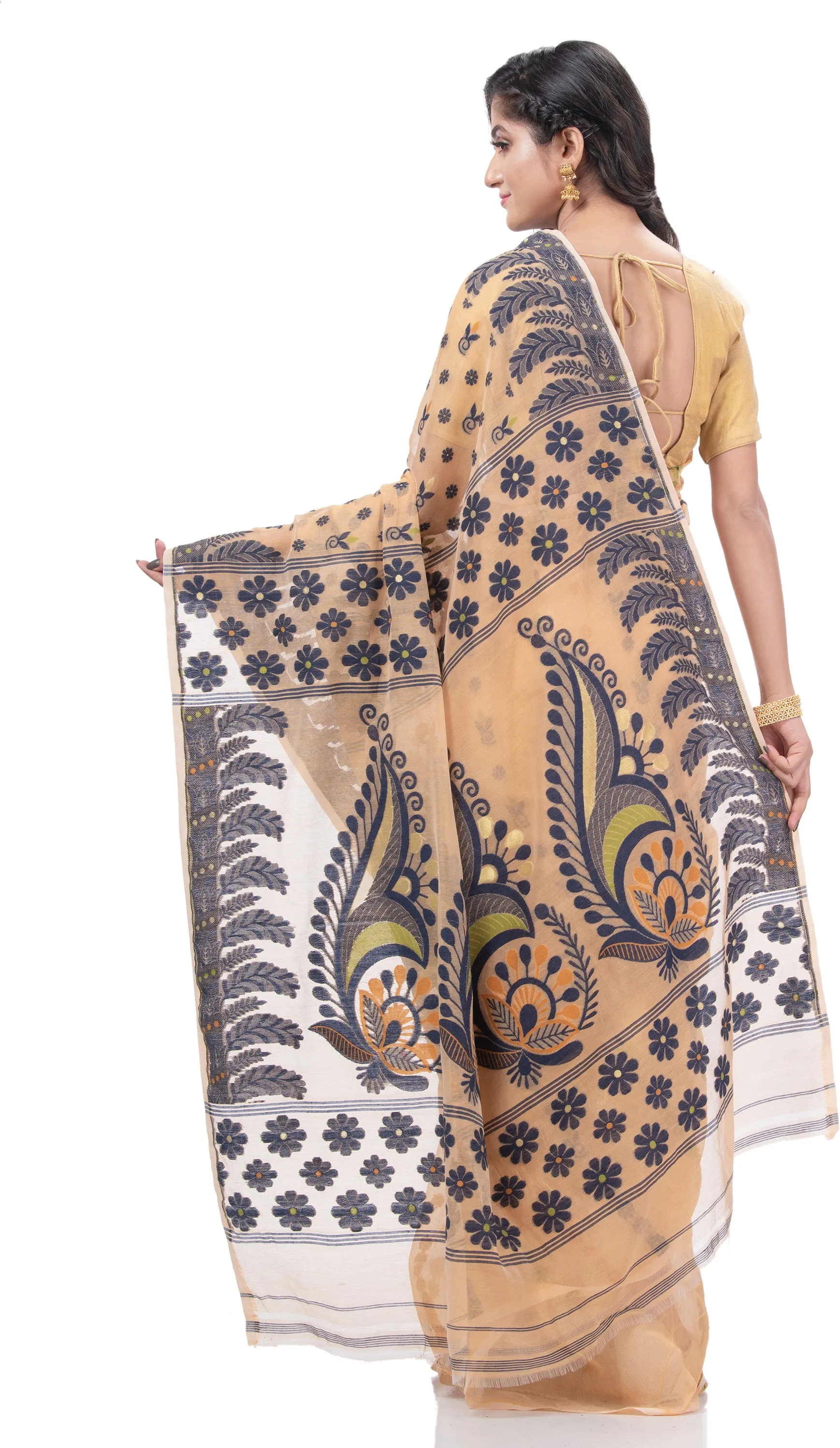 Desh Bidesh Embellished Jamdani Handloom Cotton Blend Saree (Orange)