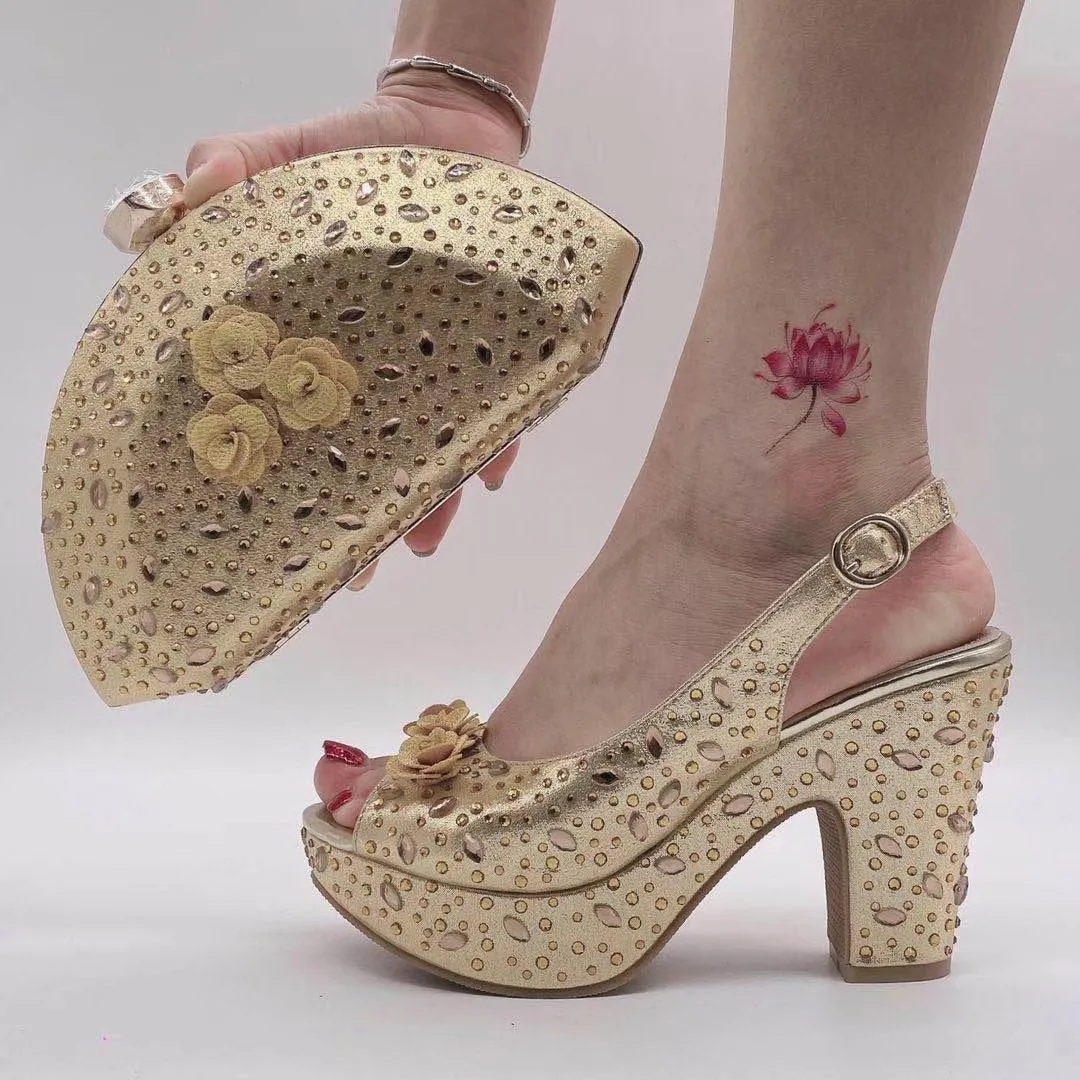 Fan-Shaped Clutch Bag Thick-Soled High Heels Shoes Set ,Rhinestones Women Shoes Bag Set ,Beautiful Party Shoe Bag Set, Rhinestone Women’s Shoe Bag Set WL 21403