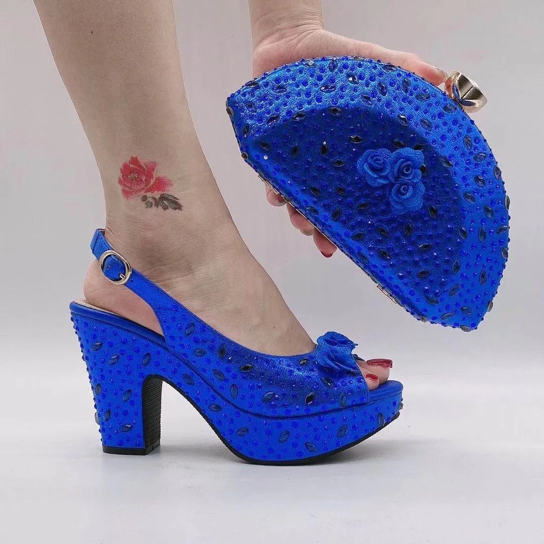 Fan-Shaped Clutch Bag Thick-Soled High Heels Shoes Set ,Rhinestones Women Shoes Bag Set ,Beautiful Party Shoe Bag Set, Rhinestone Women’s Shoe Bag Set WL 21403