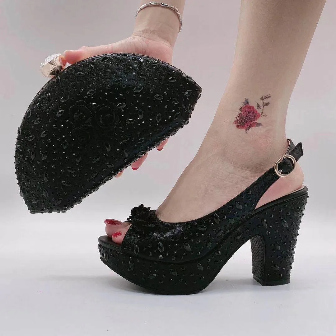 Fan-Shaped Clutch Bag Thick-Soled High Heels Shoes Set ,Rhinestones Women Shoes Bag Set ,Beautiful Party Shoe Bag Set, Rhinestone Women’s Shoe Bag Set WL 21403