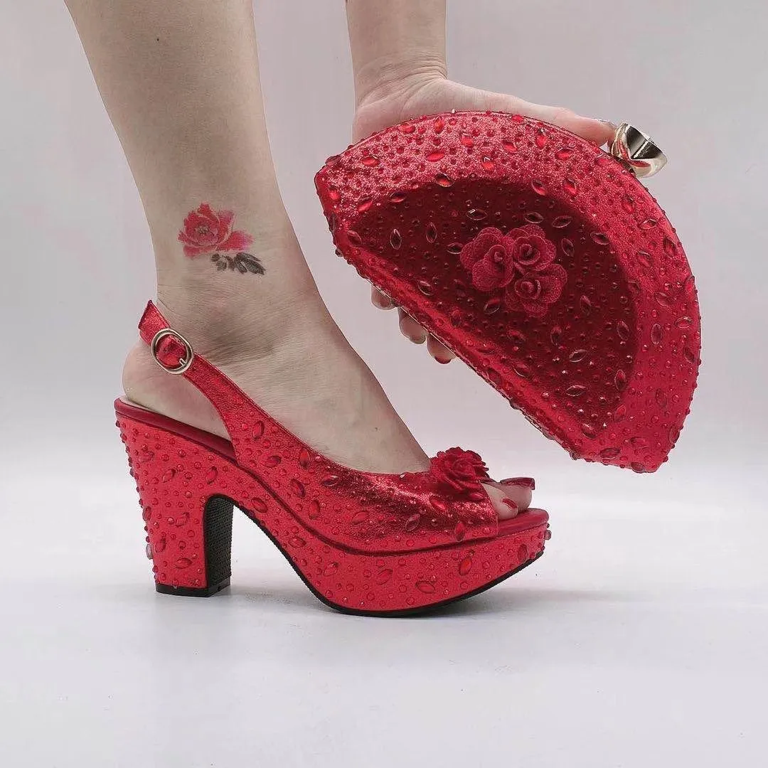 Fan-Shaped Clutch Bag Thick-Soled High Heels Shoes Set ,Rhinestones Women Shoes Bag Set ,Beautiful Party Shoe Bag Set, Rhinestone Women’s Shoe Bag Set WL 21403