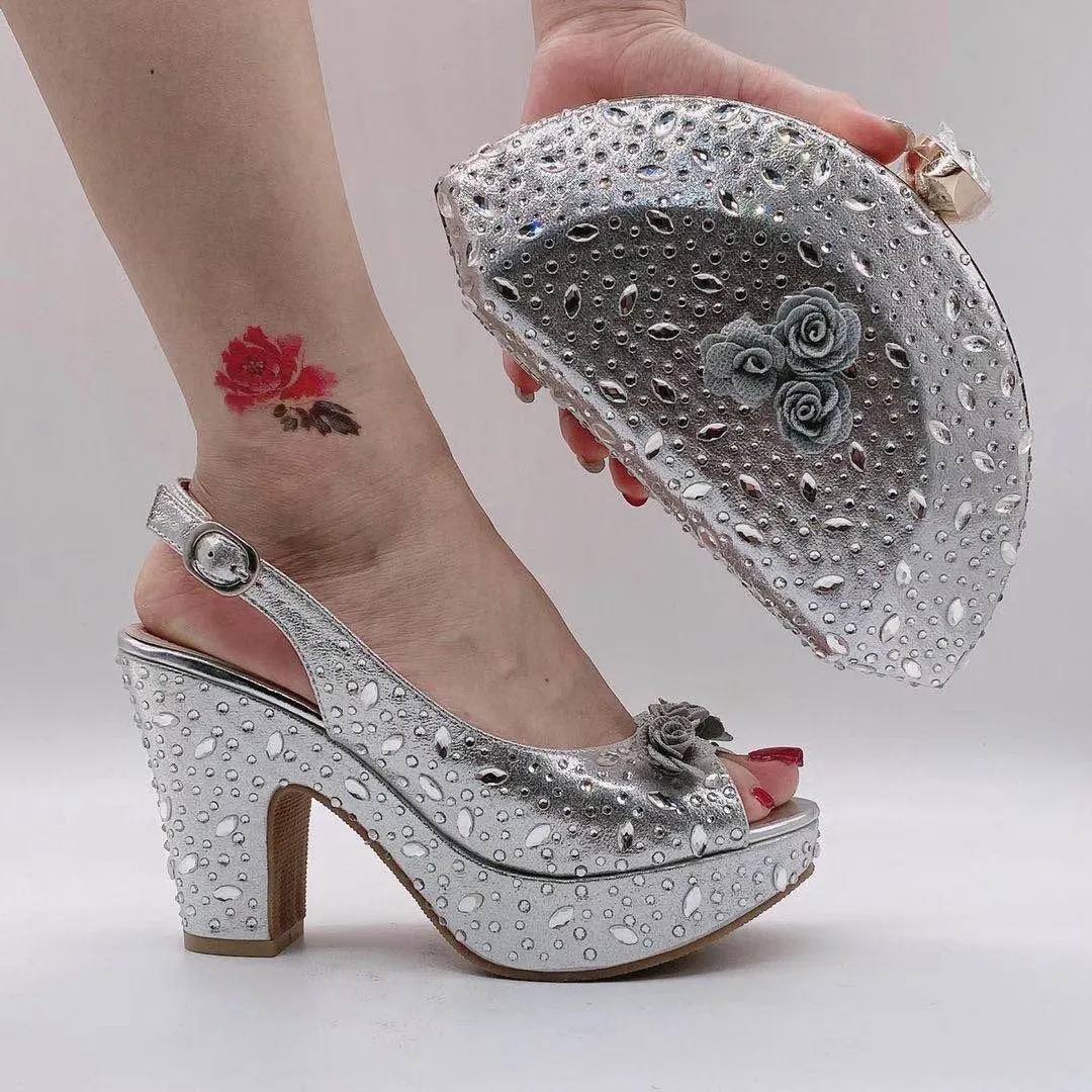 Fan-Shaped Clutch Bag Thick-Soled High Heels Shoes Set ,Rhinestones Women Shoes Bag Set ,Beautiful Party Shoe Bag Set, Rhinestone Women’s Shoe Bag Set WL 21403