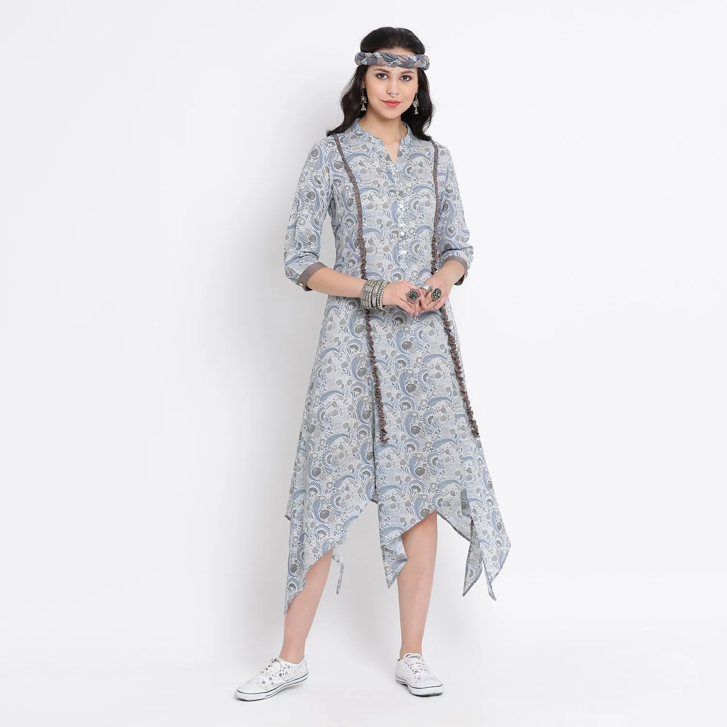 Floral printed triangle dress with frill detailing