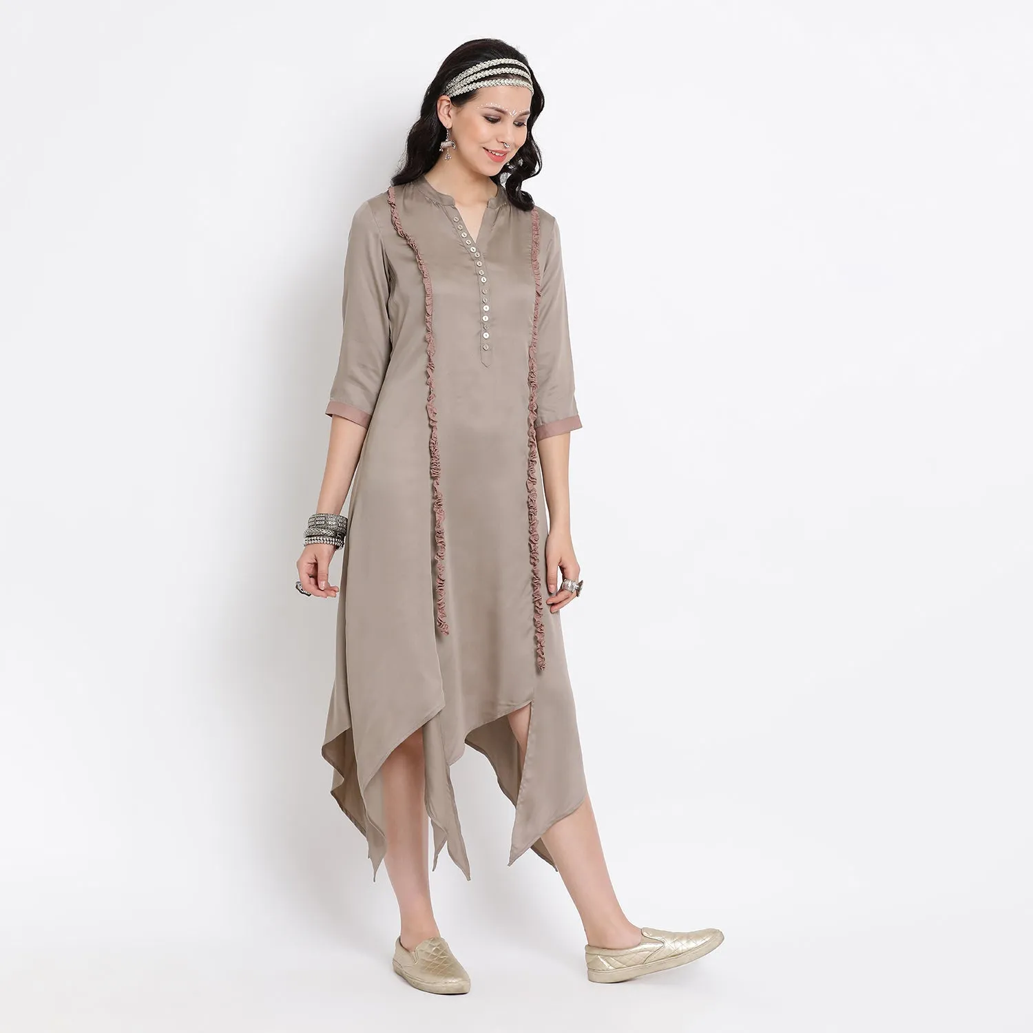Grey triangle dress with pink viscose frill at front