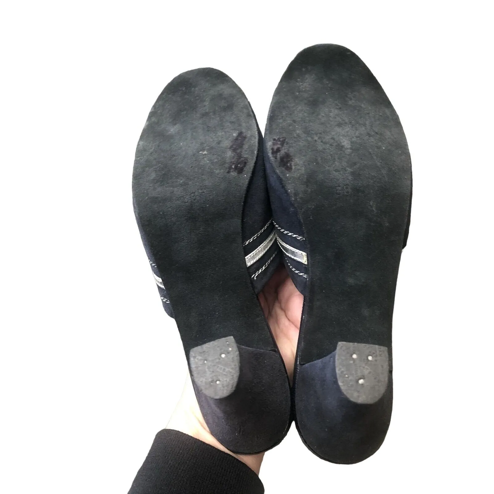 Gucci 1970s- 80s black silk over leather metallic shoes