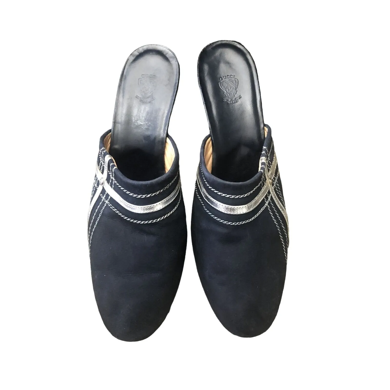Gucci 1970s- 80s black silk over leather metallic shoes