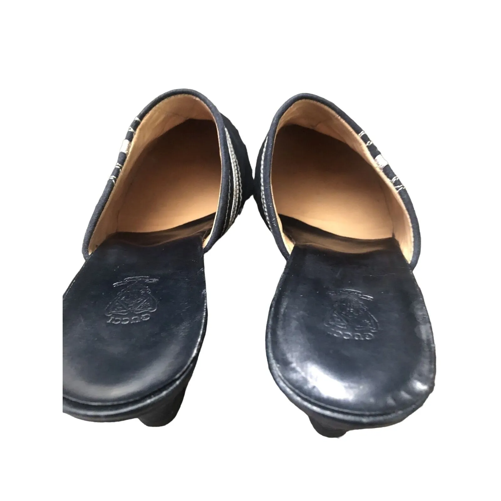 Gucci 1970s- 80s black silk over leather metallic shoes