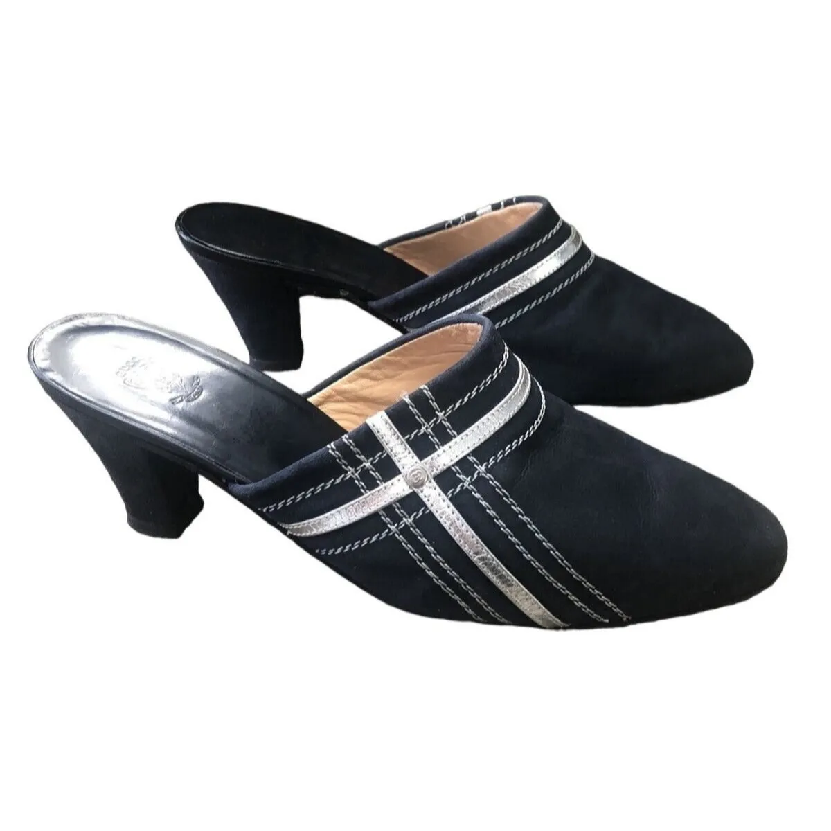 Gucci 1970s- 80s black silk over leather metallic shoes