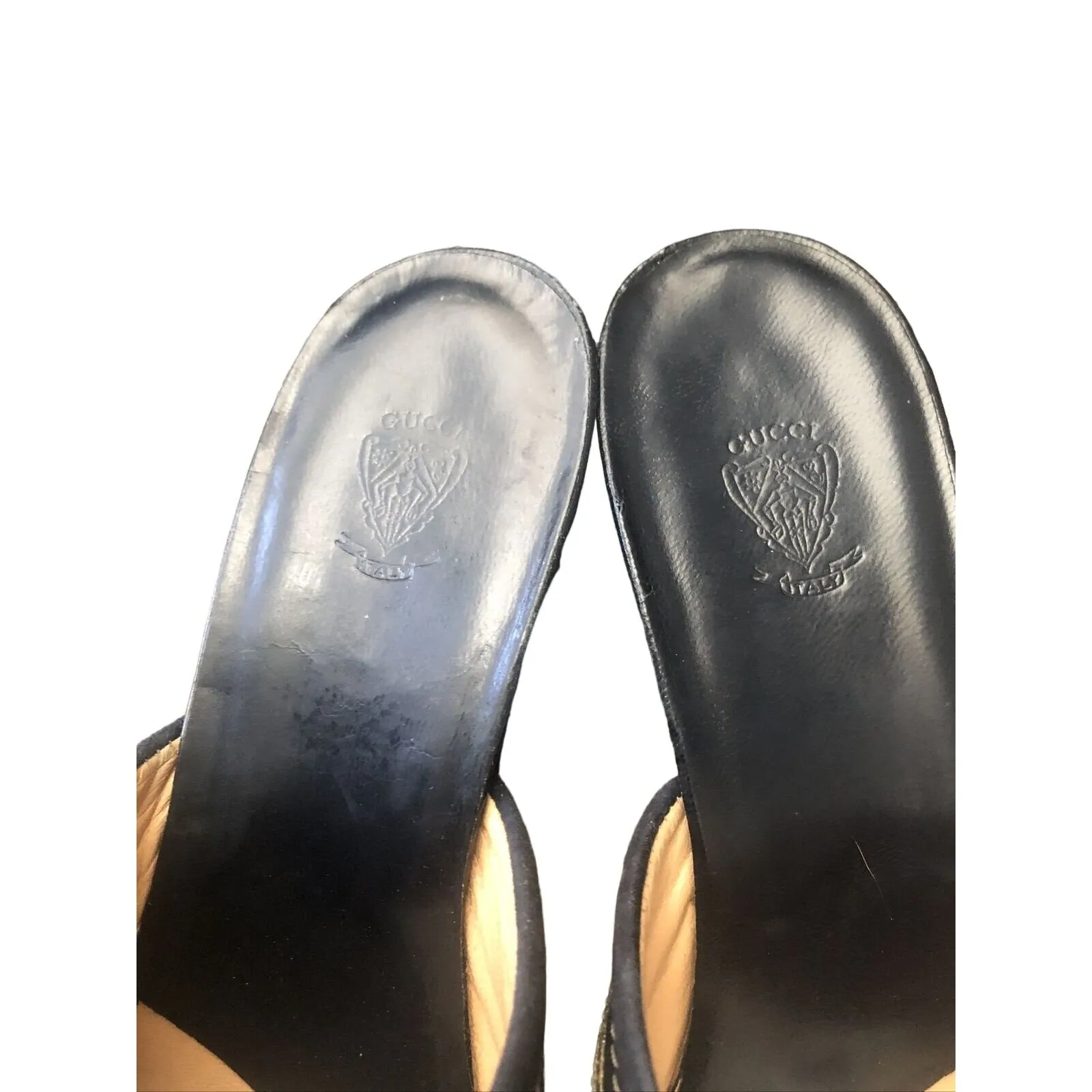 Gucci 1970s- 80s black silk over leather metallic shoes