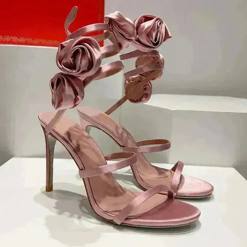 Lace-up Stiletto Heel Round Toe Flower Decorative Women's Sandals