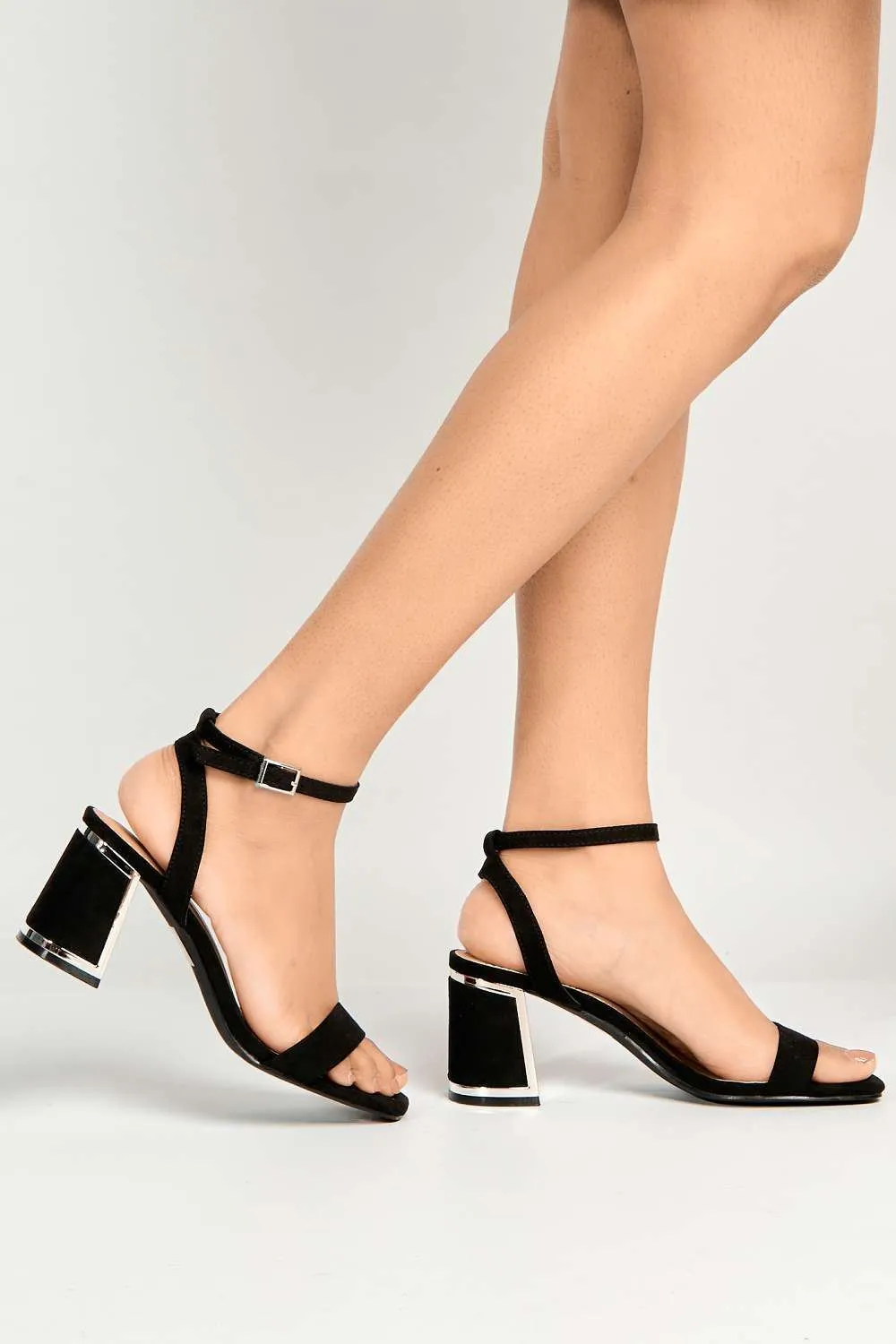 Nuvem Metallic Trim Block Heel Sandals in Black Suede