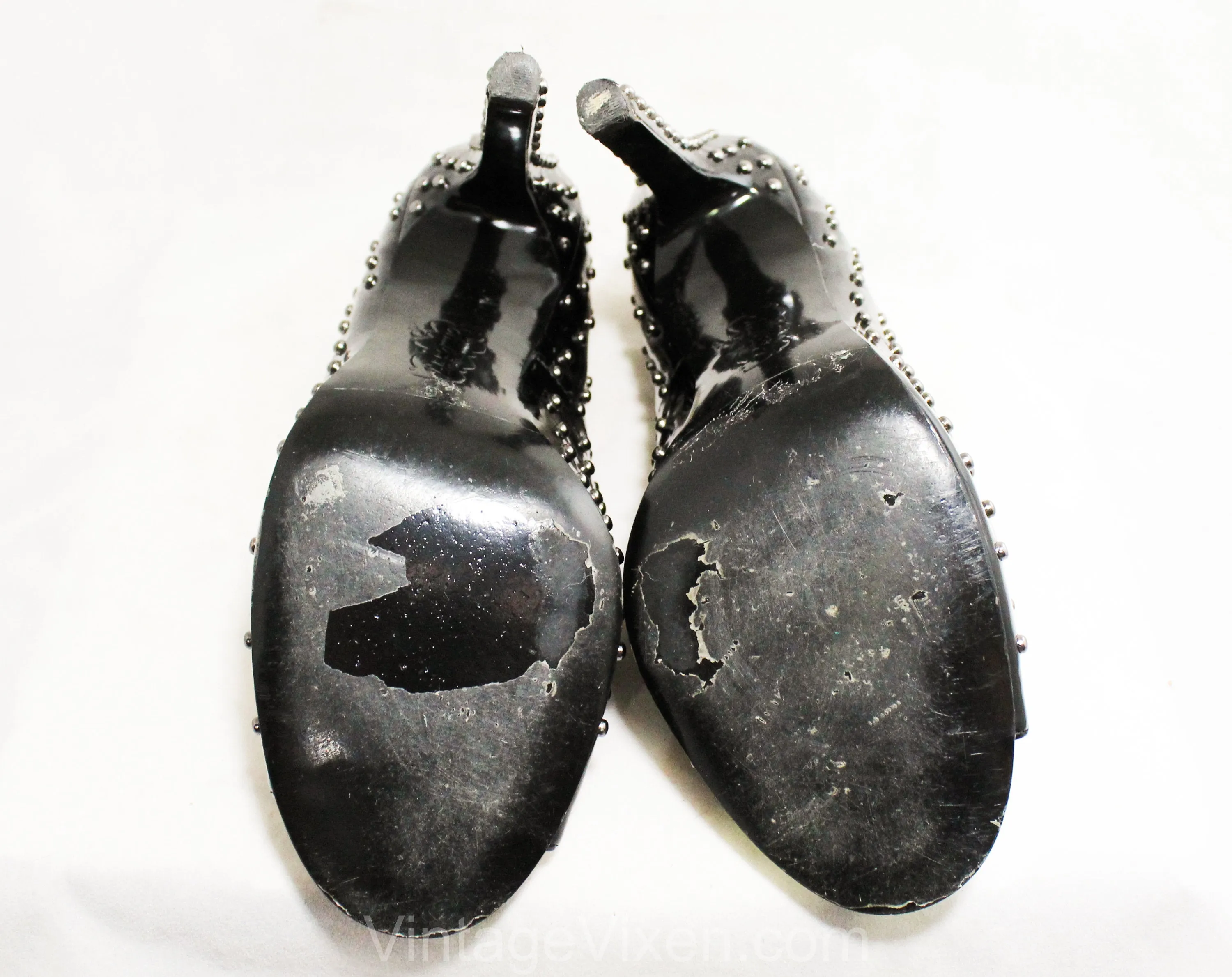 Size 6 Studded Shoes - Sexy Glossy Black Dominatrix Shoes with Silver Metal Studs - Fetish 1990s 4 Inch Spike High Heels - Open Toes - 50244