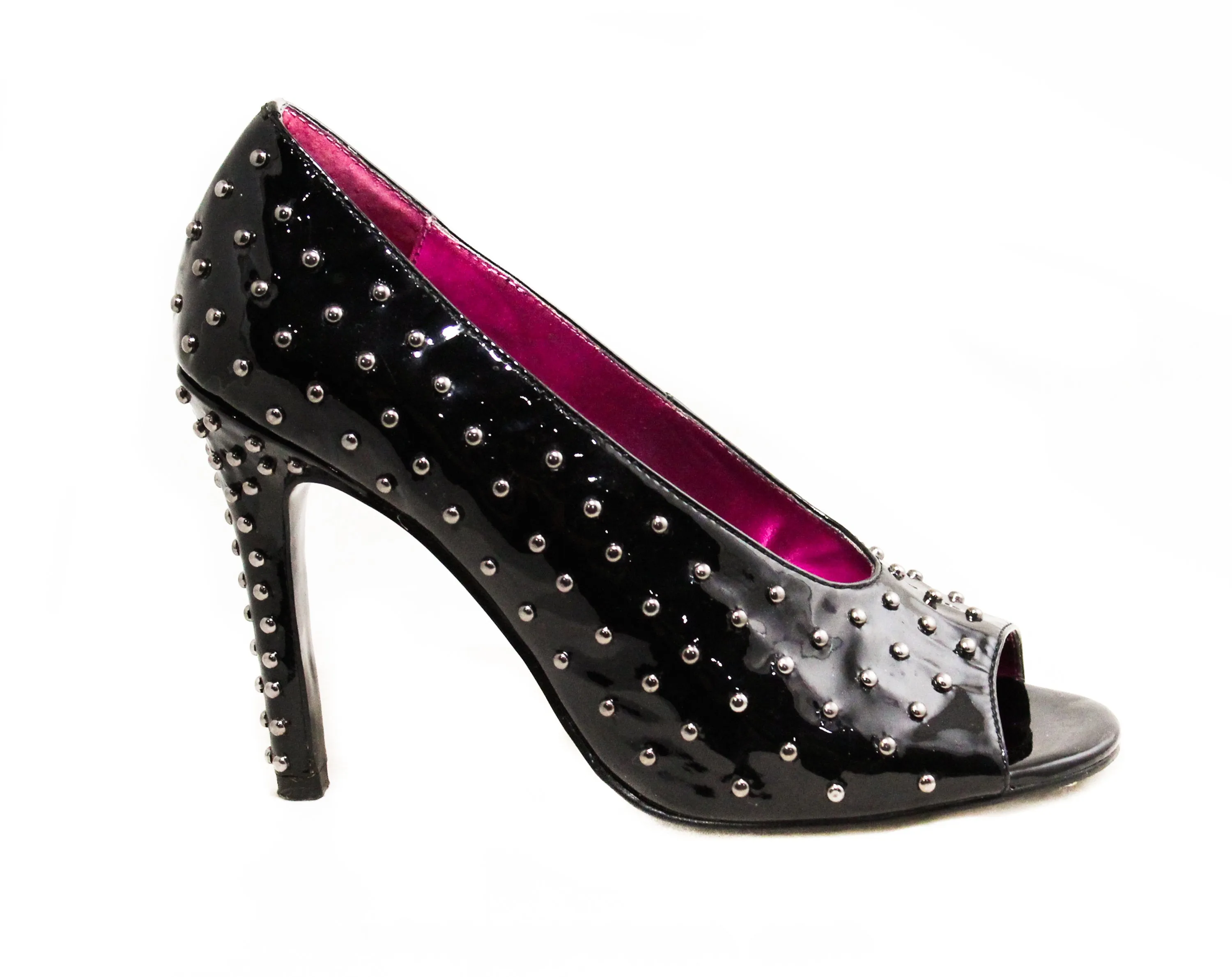 Size 6 Studded Shoes - Sexy Glossy Black Dominatrix Shoes with Silver Metal Studs - Fetish 1990s 4 Inch Spike High Heels - Open Toes - 50244