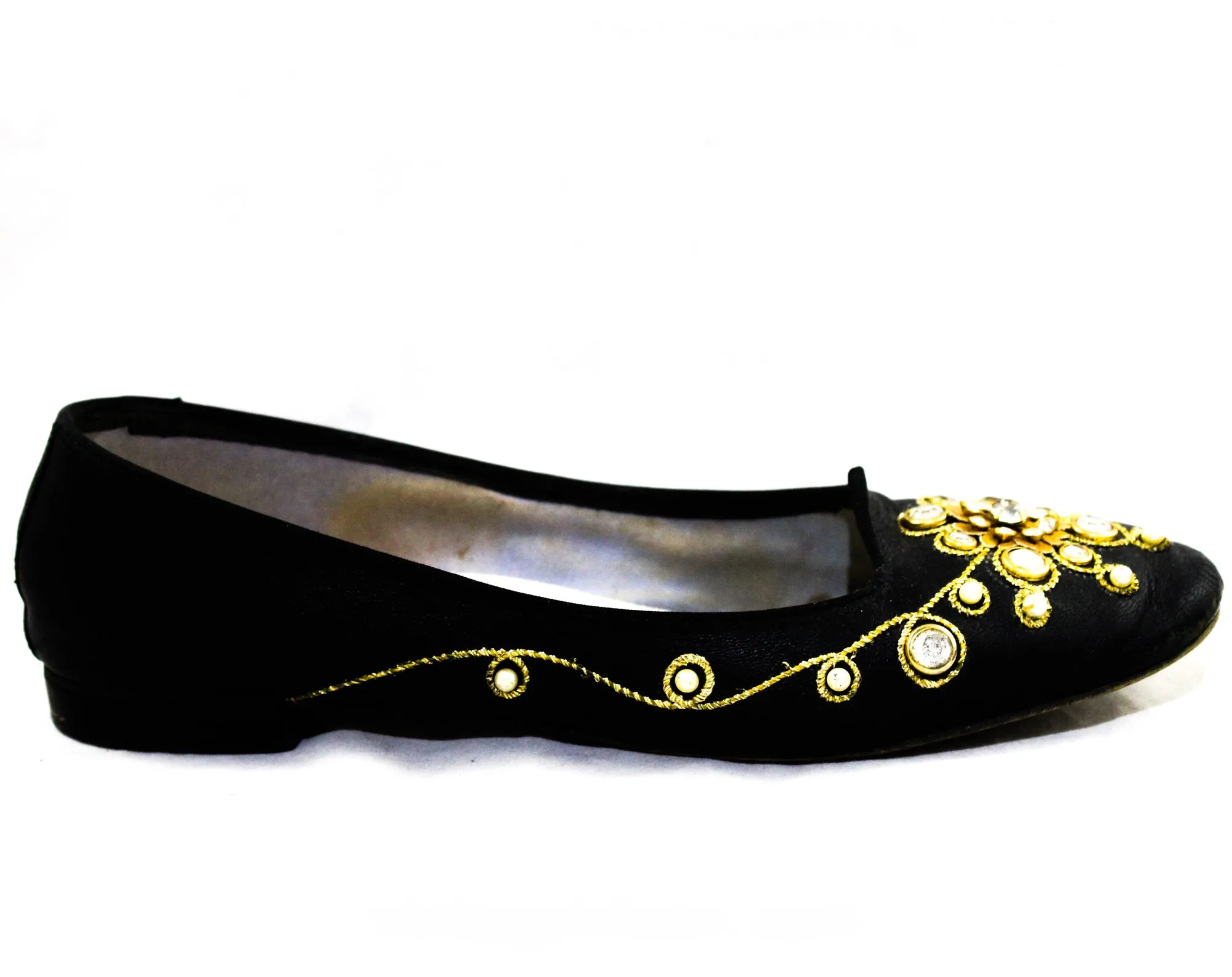 Size 8.5 Black Boudoir Shoes - 1960s Black Glamour Girl Indoor Outdoor Slippers with Starburst Rhinestones & Metallic Gold - Size 8 1/2 B