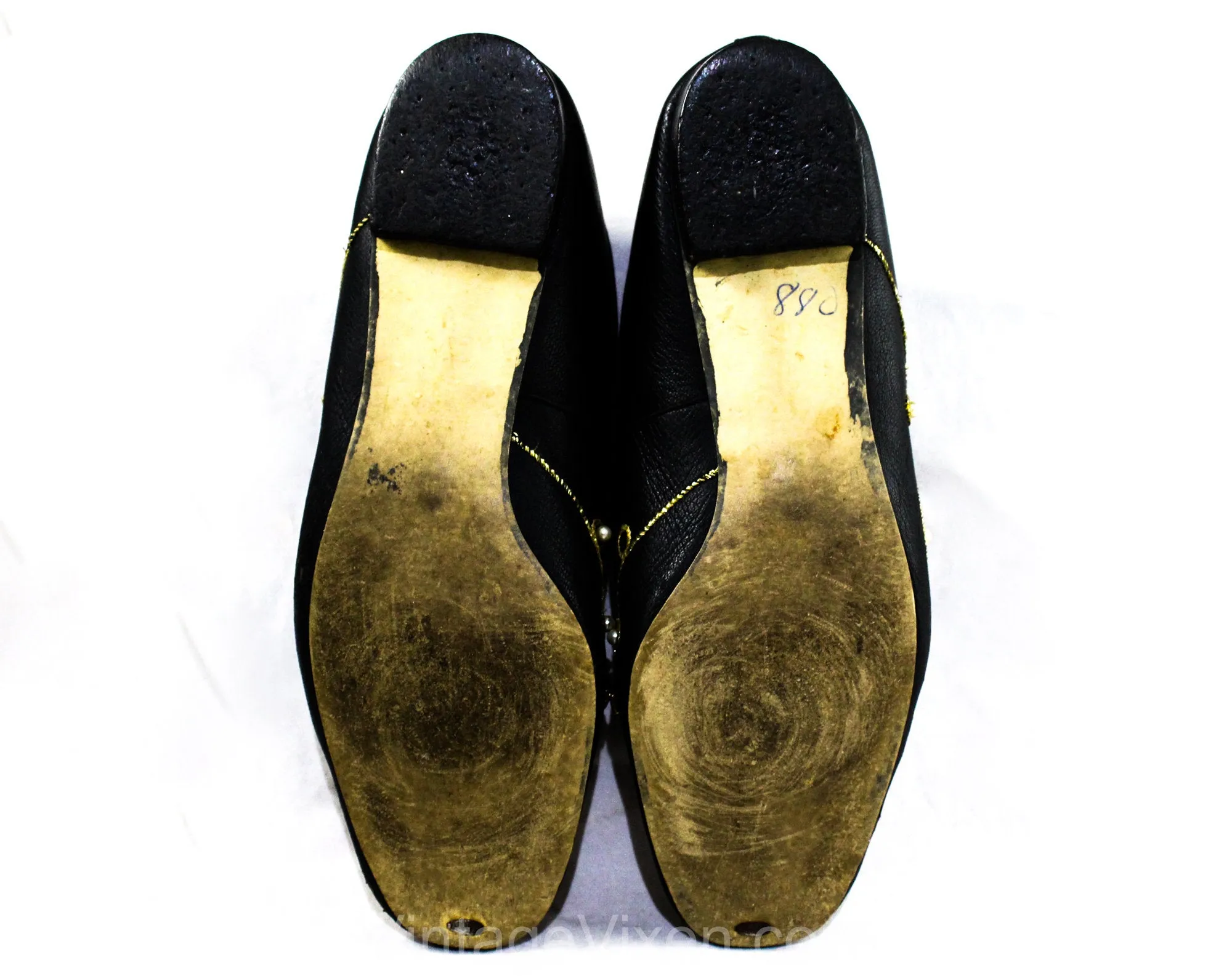 Size 8.5 Black Boudoir Shoes - 1960s Black Glamour Girl Indoor Outdoor Slippers with Starburst Rhinestones & Metallic Gold - Size 8 1/2 B