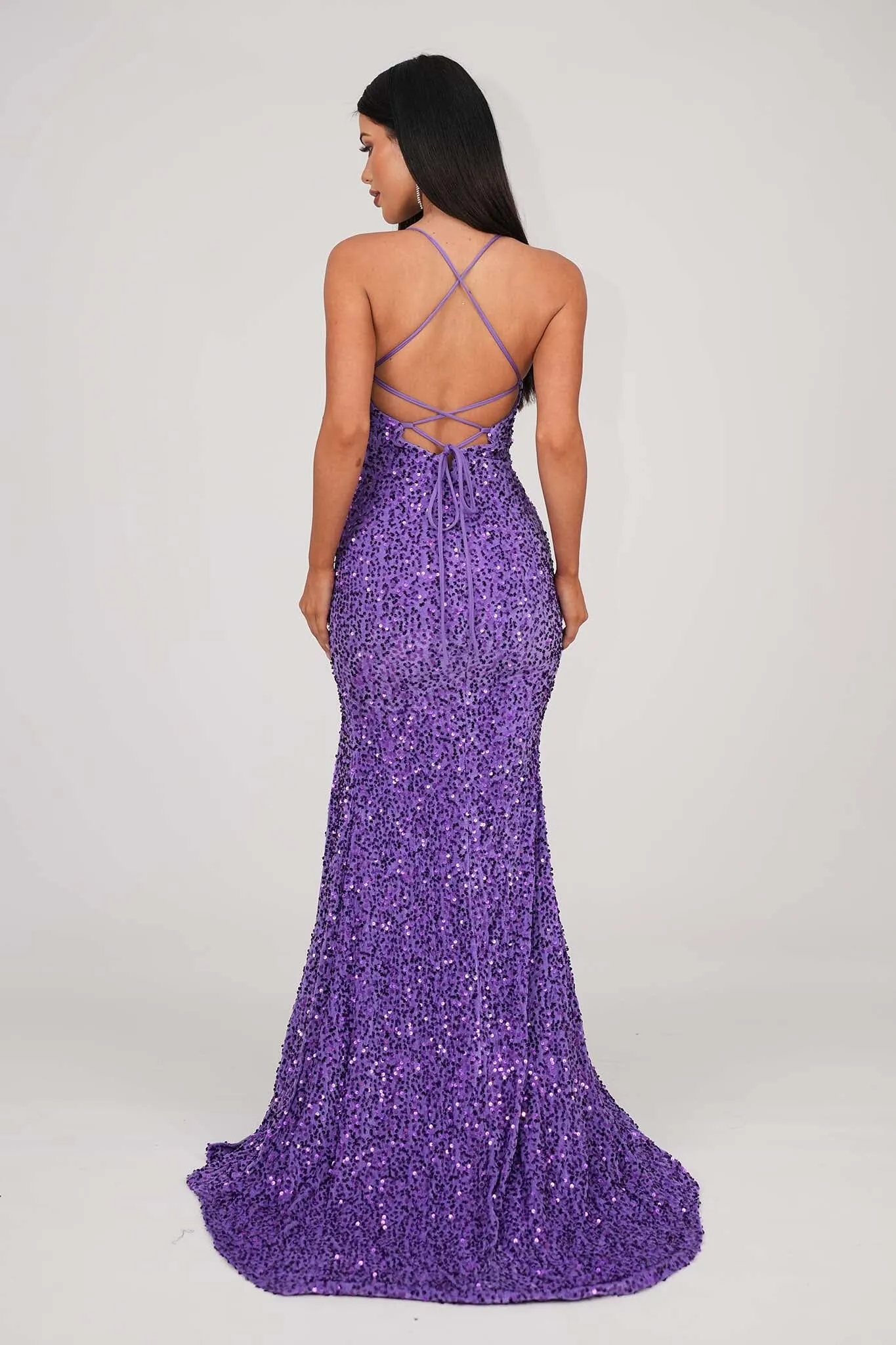 Zelda Side Slit Velvet Sequin Gown - Purple