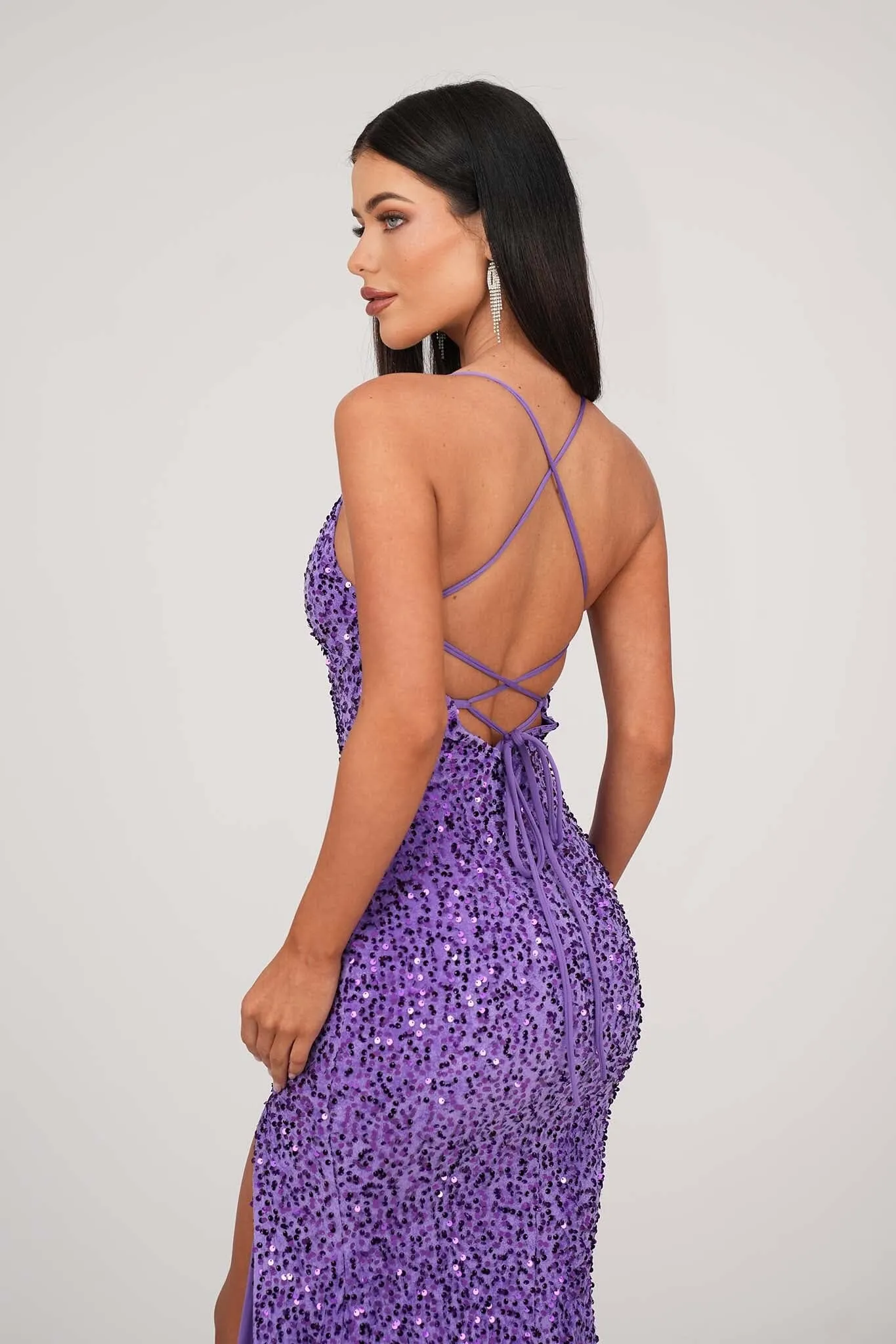 Zelda Side Slit Velvet Sequin Gown - Purple