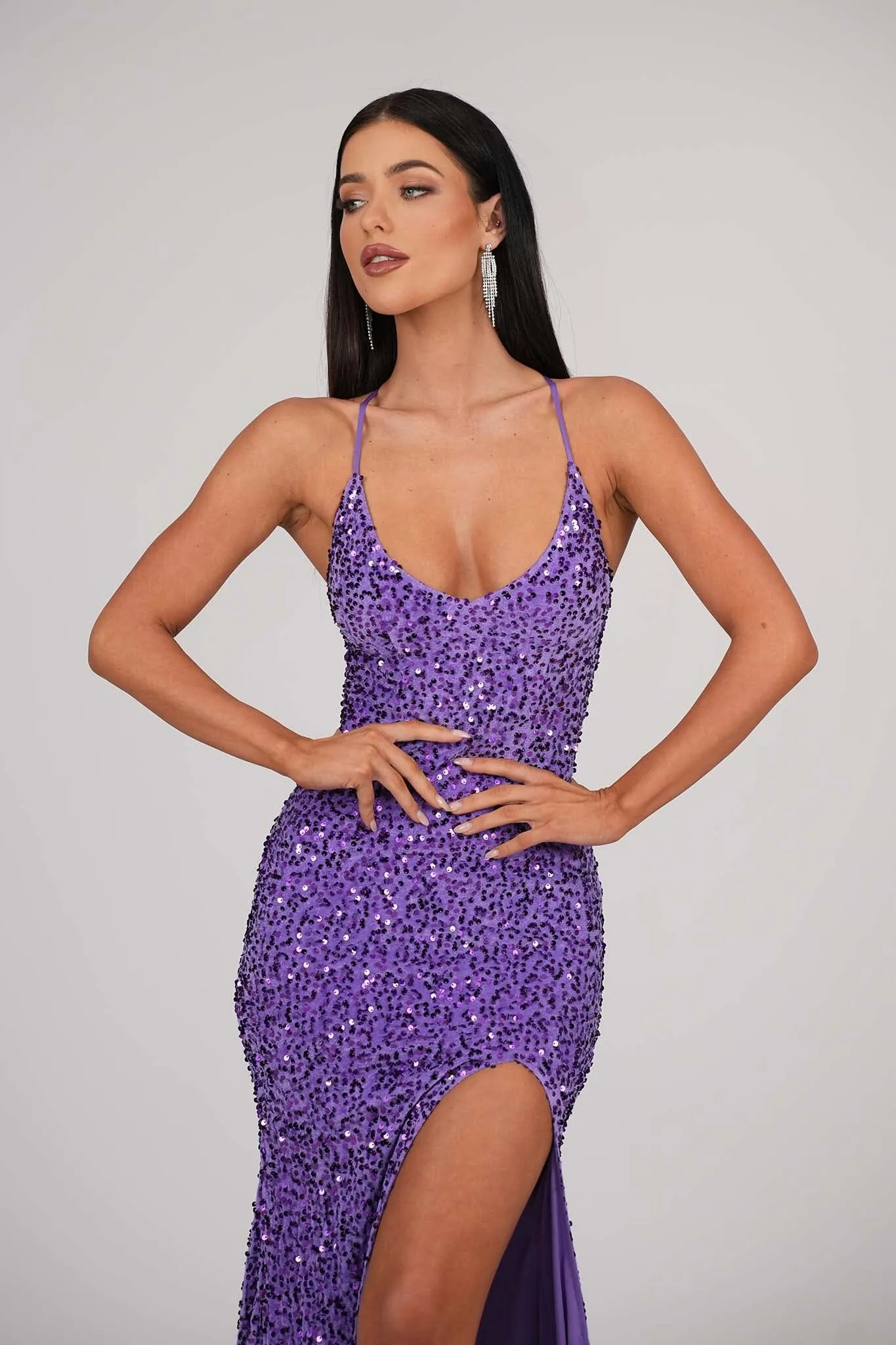 Zelda Side Slit Velvet Sequin Gown - Purple