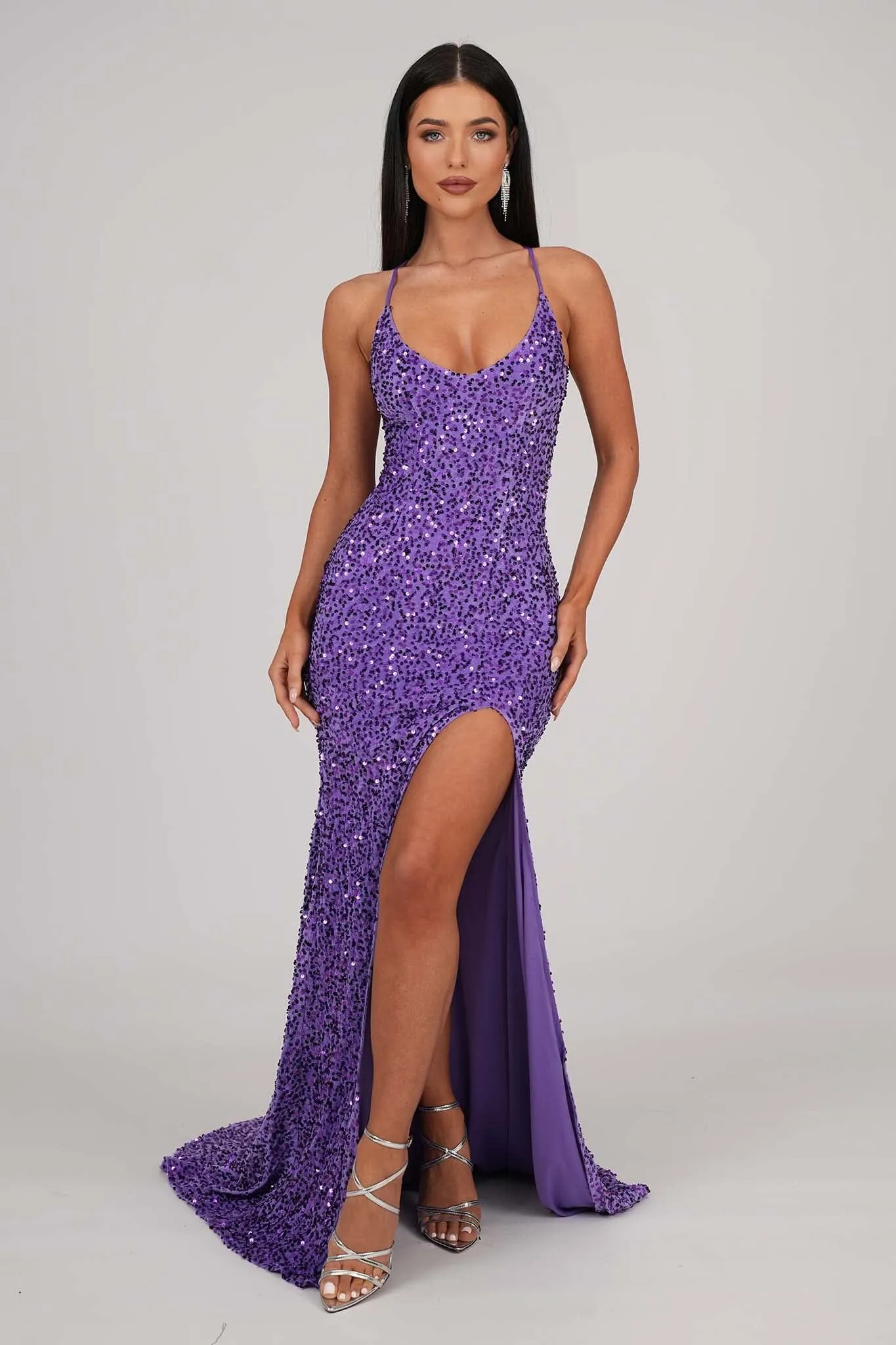 Zelda Side Slit Velvet Sequin Gown - Purple