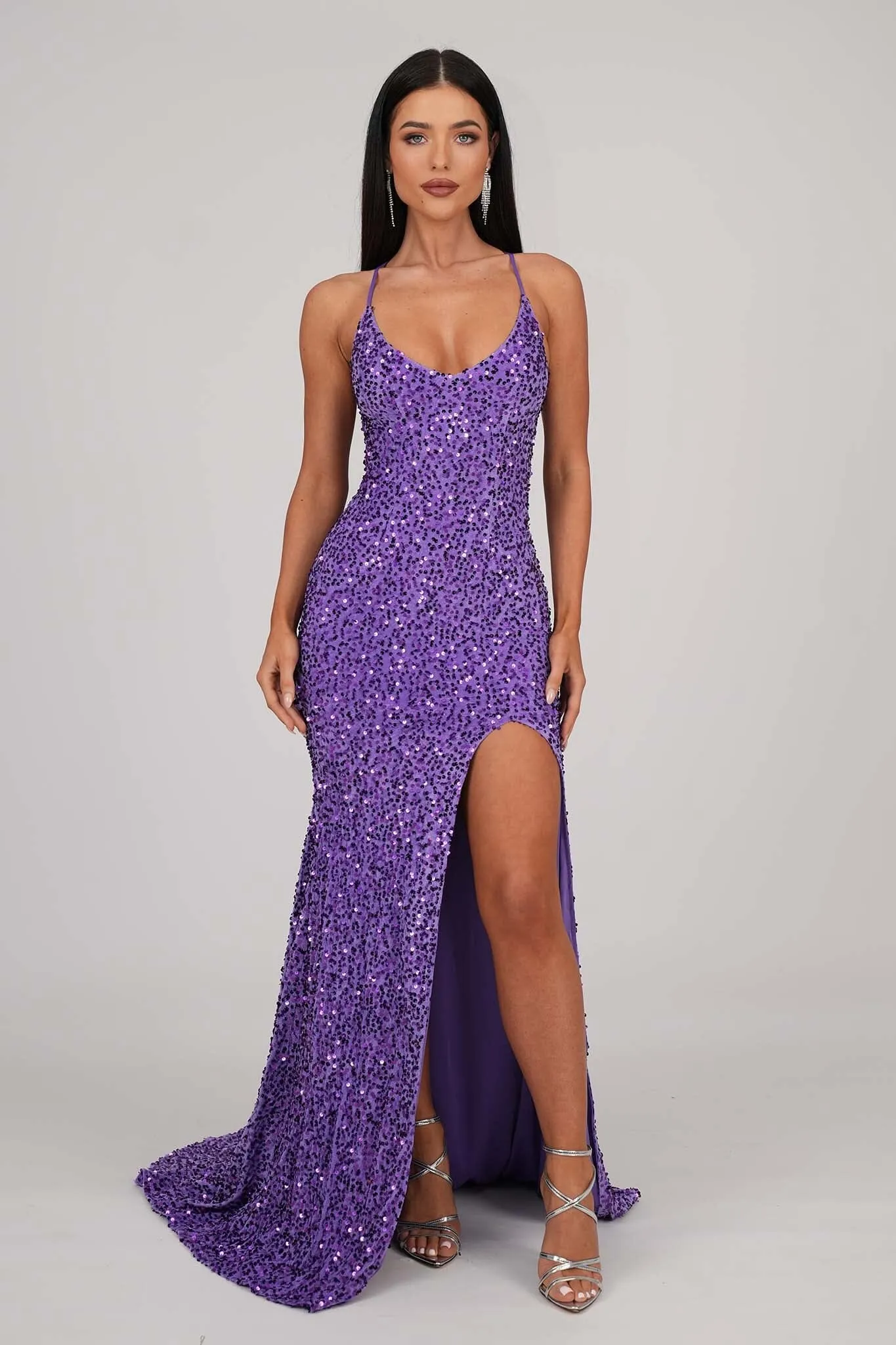 Zelda Side Slit Velvet Sequin Gown - Purple