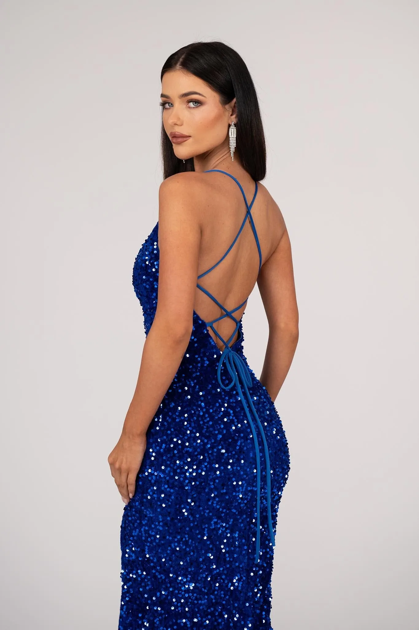 Zelda Side Slit Velvet Sequin Gown - Royal Blue